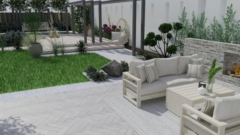 Hornchurch - Garden Design with Mediterranean Style. Bespoke Metal Arches with hanging chair