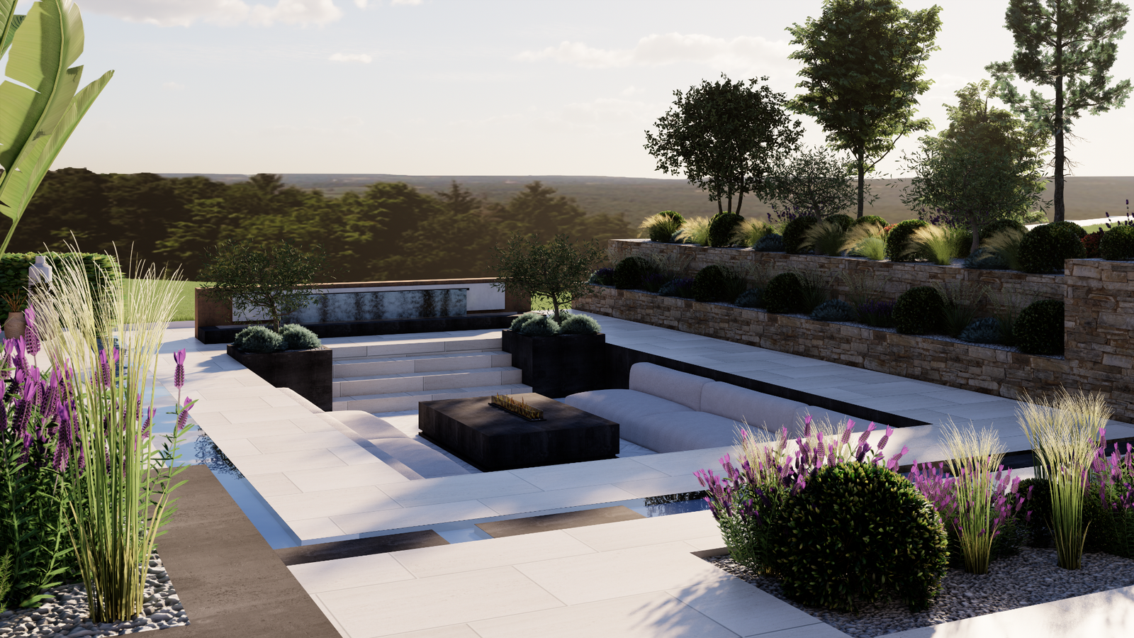 Nazeing design visualisation: Sunken seating, fire table and raised planting