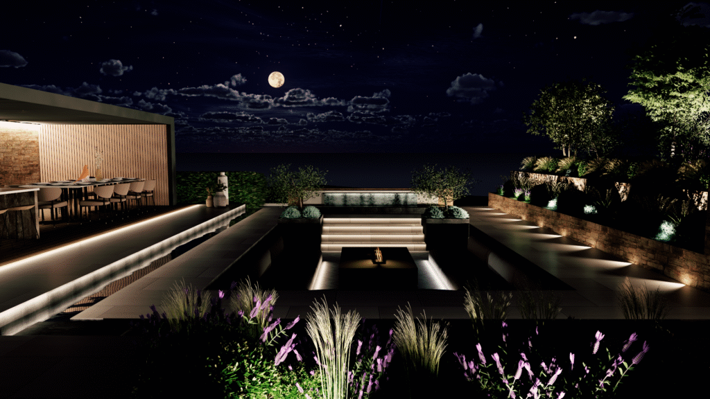 Night-time design visualisation of the Nazeing garden, currently being built