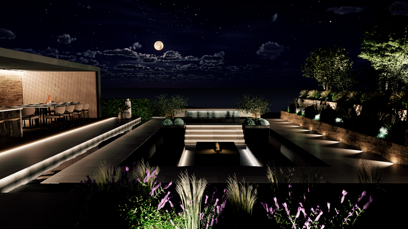 Nazeing design visualisation: Outdoor kitchen and illuminated garden at night
