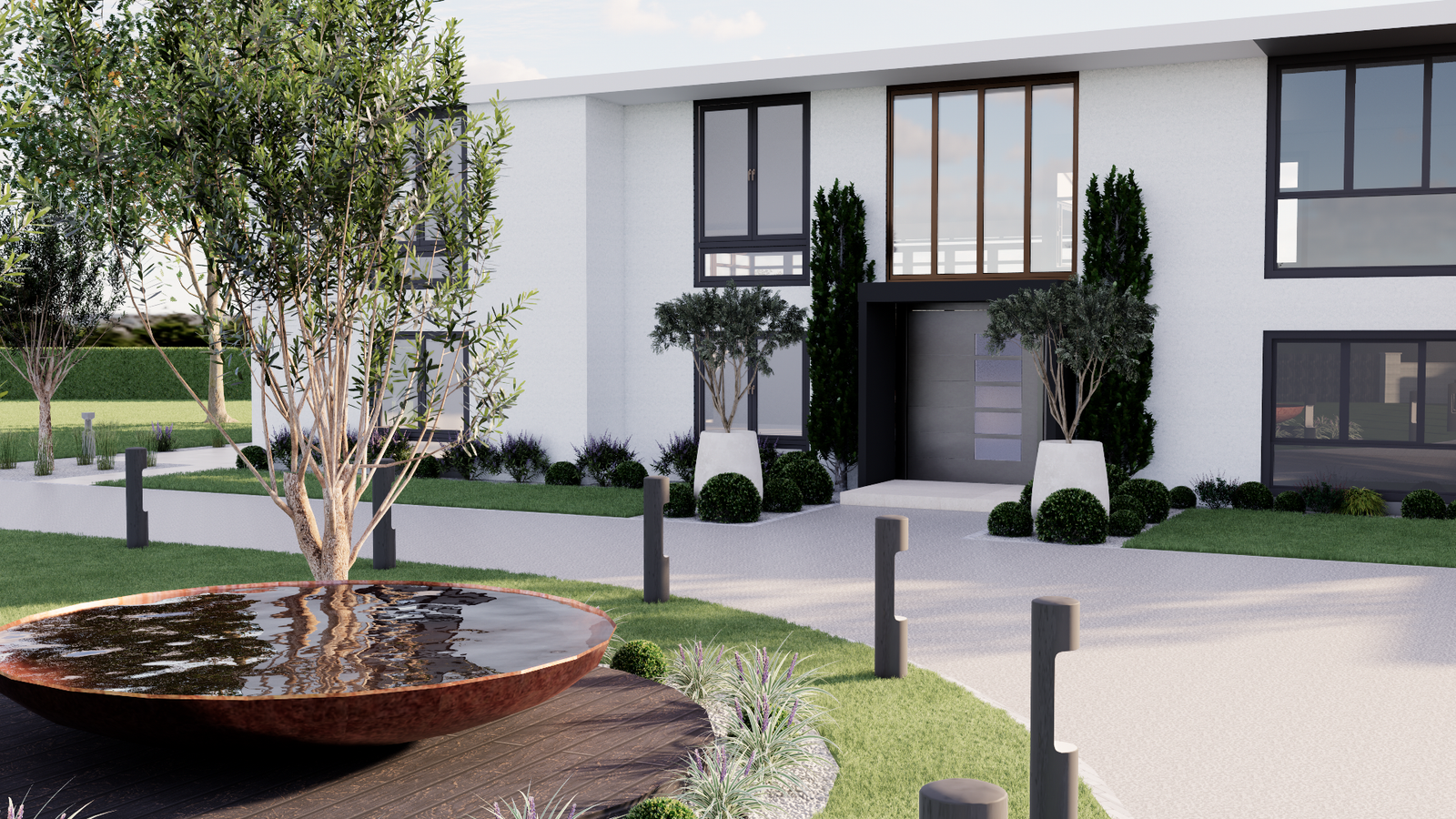 Nazeing design visualisation: Sculptural trees and entrance water bowl