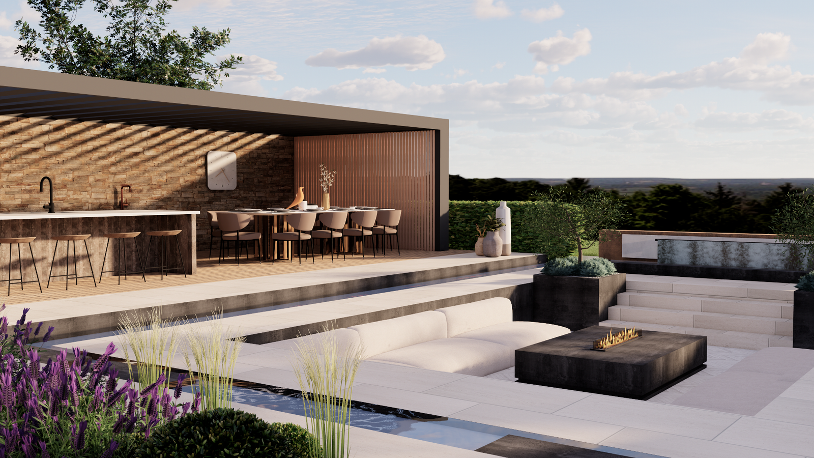 Nazeing design visualisation: Outdoor kitchen, pavilion and sunken seating